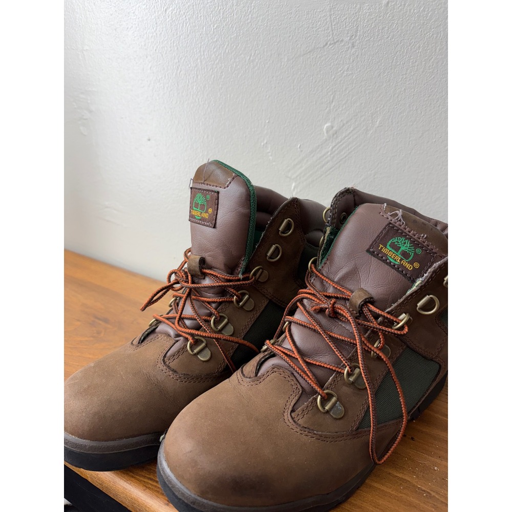 Timberland Field Boots Kids 6.5 Brown Green Leather Hiking Boots A6298